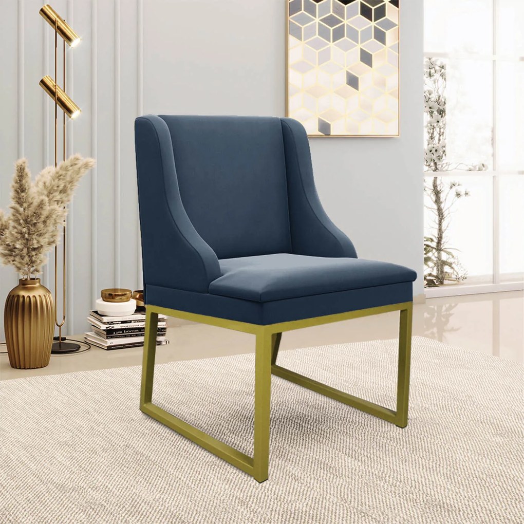 Cadeira Sala de Jantar Industrial Dourado Kit 2 Liz Suede D03 - D'Rossi - Azul Marinho