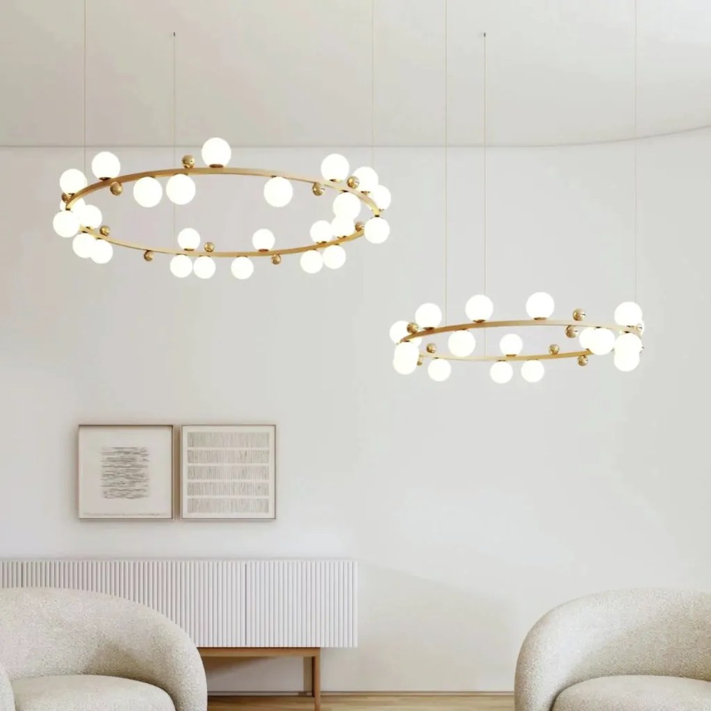 Pendente Aliança Horizontal Ø100X24Cm 18Xg9 Globo 10Cm - Usina 90006/1... (PT / CB-P - Preto Texturizado / Cobre Brilho Polido, Branco (Fosco))