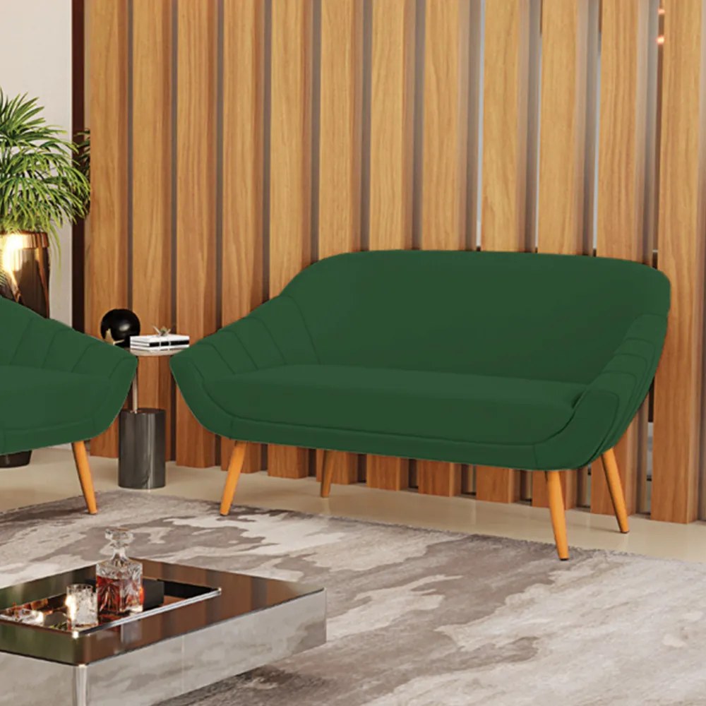 Namoradeira 02 Lugares Giovana Veludo Verde Pés Palito Castanho - Indo Decorar