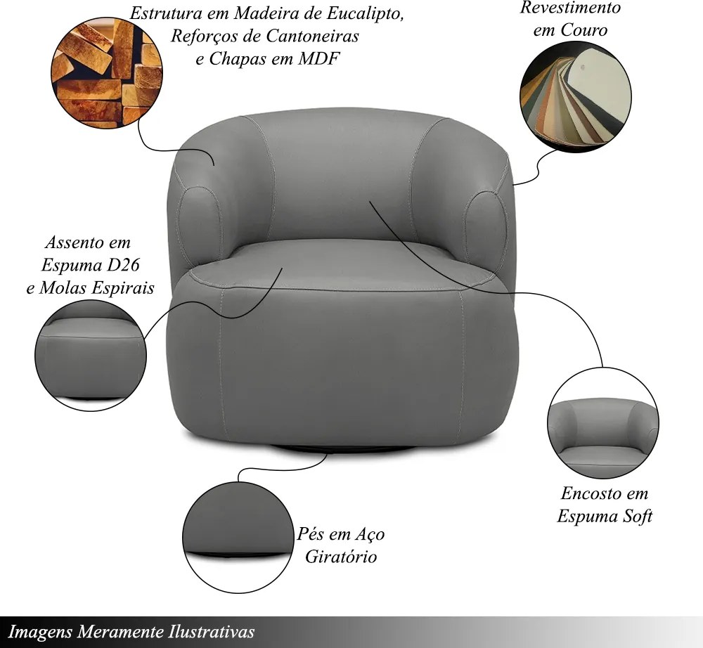 Poltrona Decorativa Verona Sala de Estar Base Giratória em Aço Couro Grafite G88 - Gran Belo