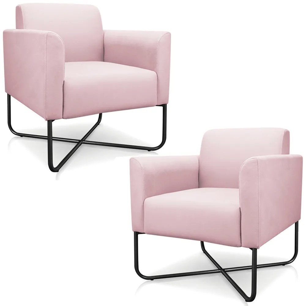 Kit 2 Poltronas Decorativas Isabella Base X Suede Rosa Bebê/Preto G19 - Gran Belo