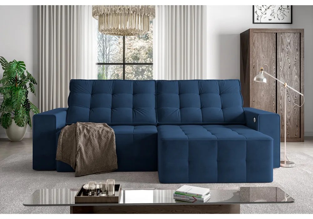 Sofá Retrátil e Reclinável 274cm com USB Elliot Suede Azul Marinho G52 - Gran Belo