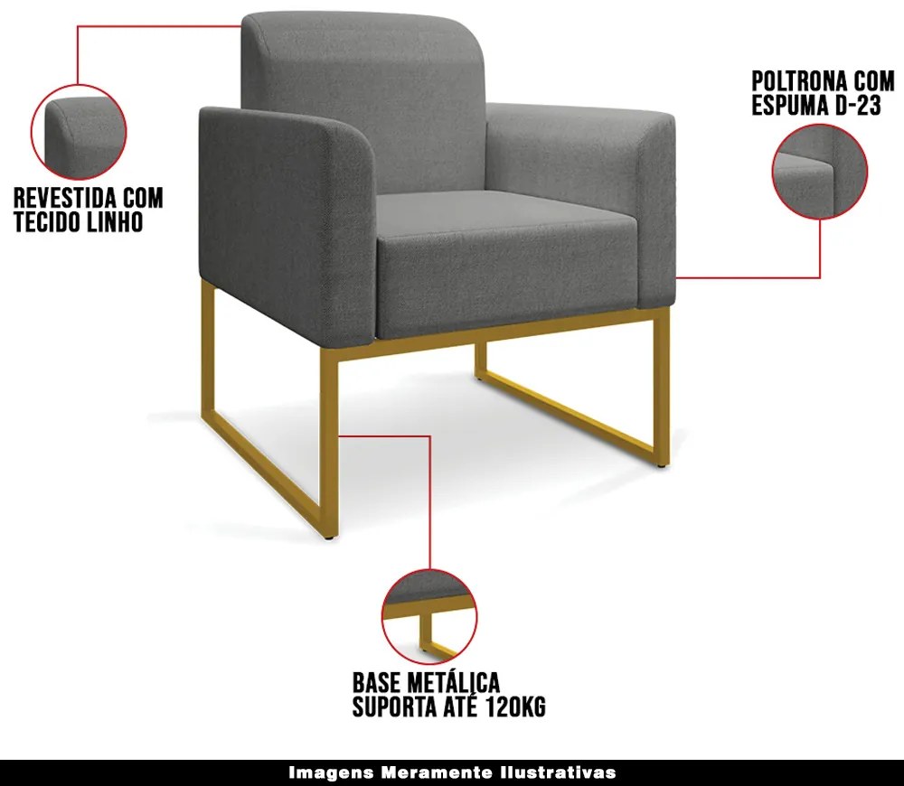 Poltrona Decorativa Isabella Base Industrial Linho Grafite/Dourado G19 - Gran Belo