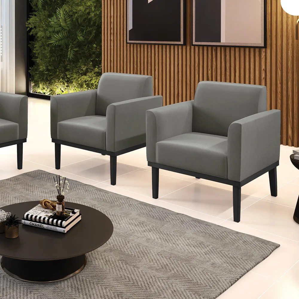 Kit 2 Poltronas Decorativas Isabella Pés Fixo em Madeira Preto Suede Grafite G19 - Gran Belo
