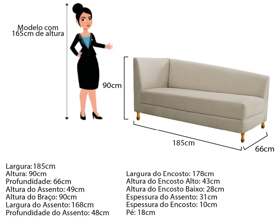 Recamier Valéria 185cm Lado Esquerdo Corano Bege - ADJ Decor