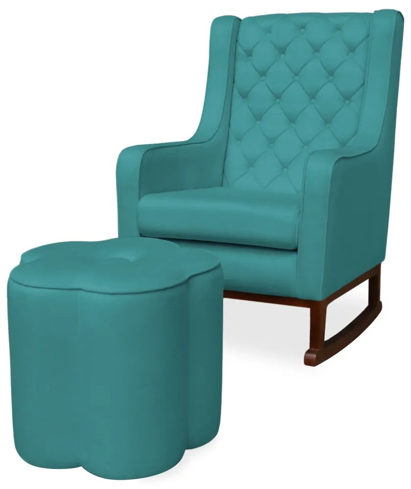 Kit Poltrona Amamentação Balanço Maju com Puff Flor Veludo - Azul Tiffany
