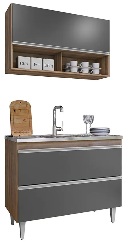 Conjunto Balcão de Cozinha Armário Aéreo Wollo MDP/BP Freijó/Grafite G96 - Gran Belo