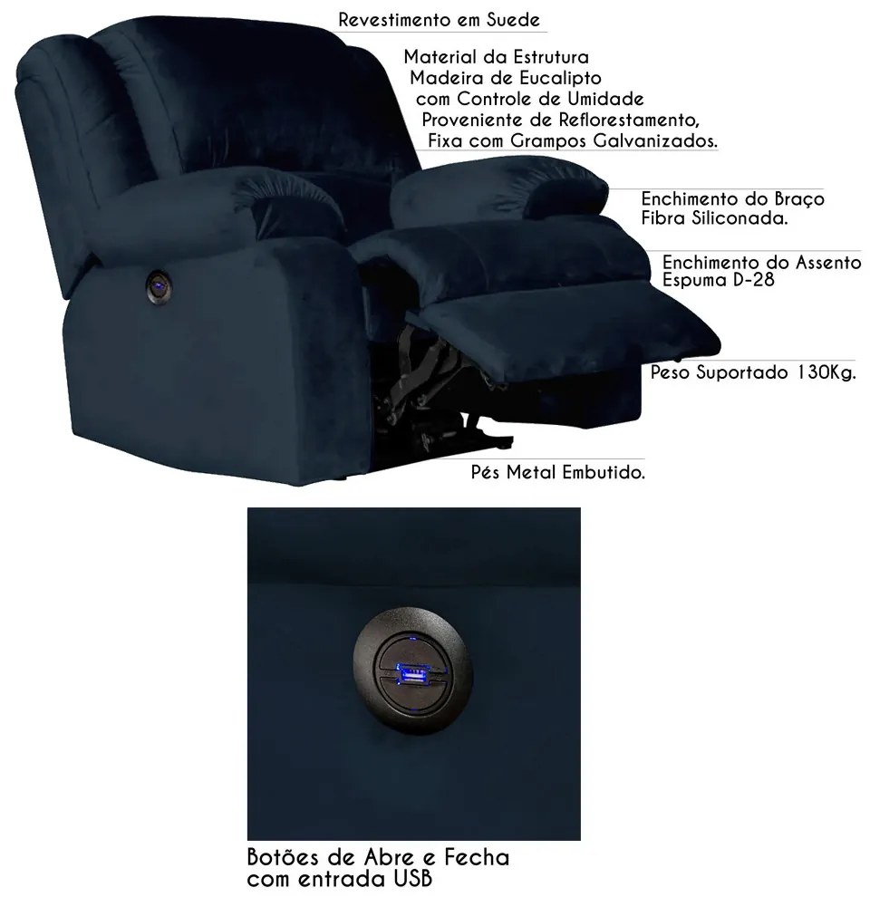 Poltrona do Papai Reclinável Elétrica com Entrada USB Magnum Veludo Azul Clássico G23 - Gran Belo
