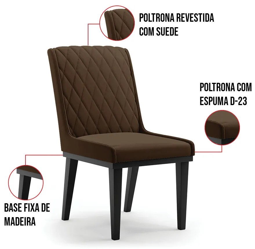 Cadeira Sala de Jantar Base Madeira Preto Kit 8 Sofia Suede - Marrom