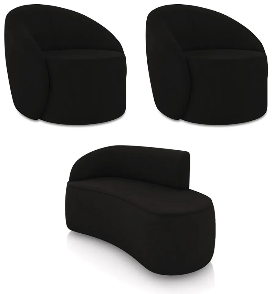 Sofá 2 Lugares Orgânico 140cm Morgan e 2 Poltronas Lua Suede D03 - D'Rossi - Preto