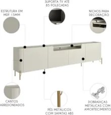 Rack TV 85 Pol 260cm 4 Portas Lisas Blen Luna/Dourado I06 - Mpozenato