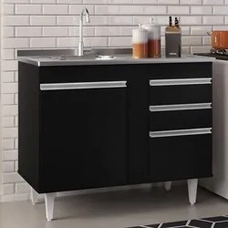 Balcão Gabinete Com Pia Inox 100cm 2 Portas 2 Gavetas Luziania Preto -