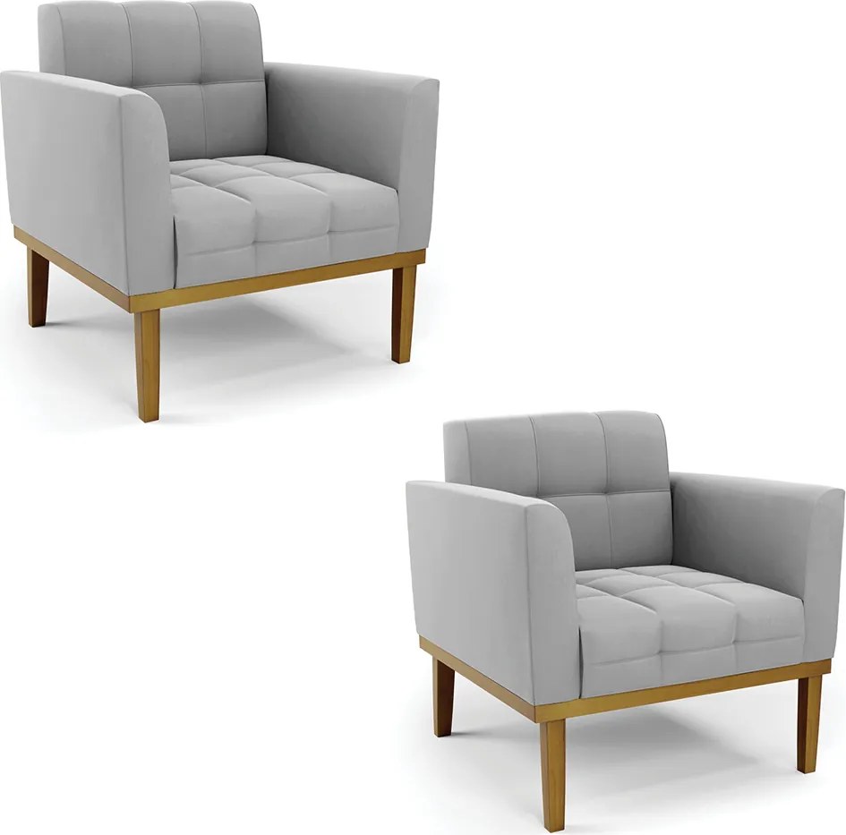 Kit 2 Poltronas Decorativas Karen Pés Fixo em Madeira Castanho Suede Cinza G19 - Gran Belo