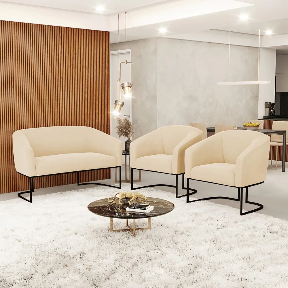 Namoradeira e 2 Poltronas Industrial Preto Stella Suede D03 - D'Rossi - Bege