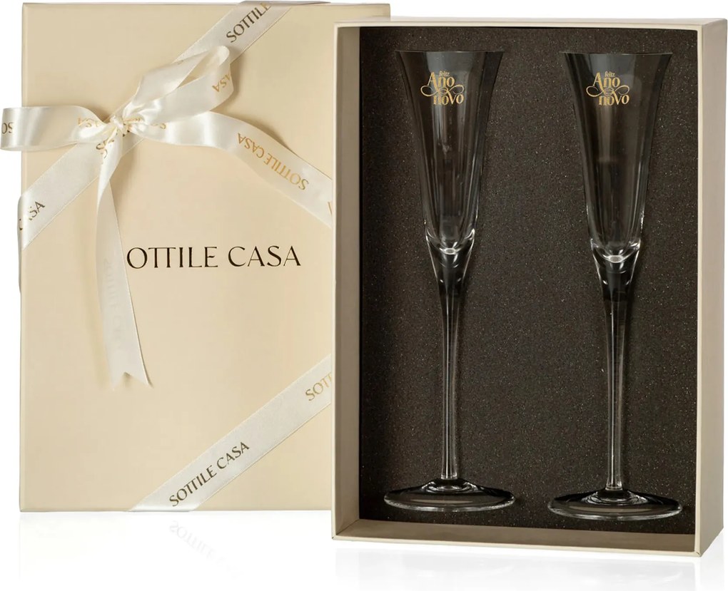 Conjunto 02 Taças de Cristal p/ Champagne Ano Novo c/ Caixa de Presente