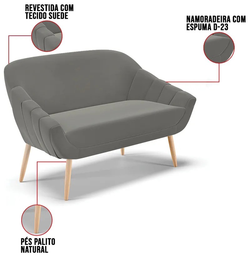 Namoradeira 02 Lugares Giovana Suede Pés Palito Natural D03 - D'Rossi - Grafite