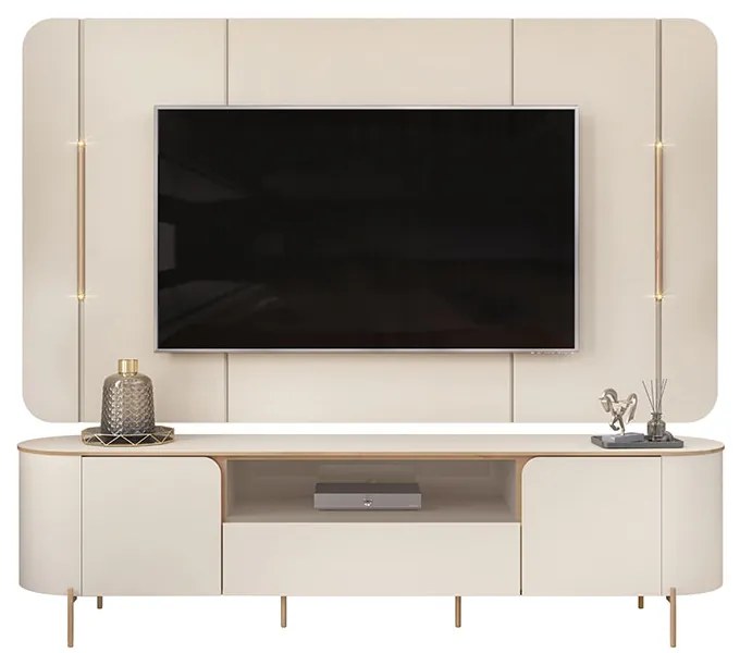 Painel e Bancada TV 75" Floro Frisos Chanfrados 2 Portas OffWhite G18 - Gran Belo