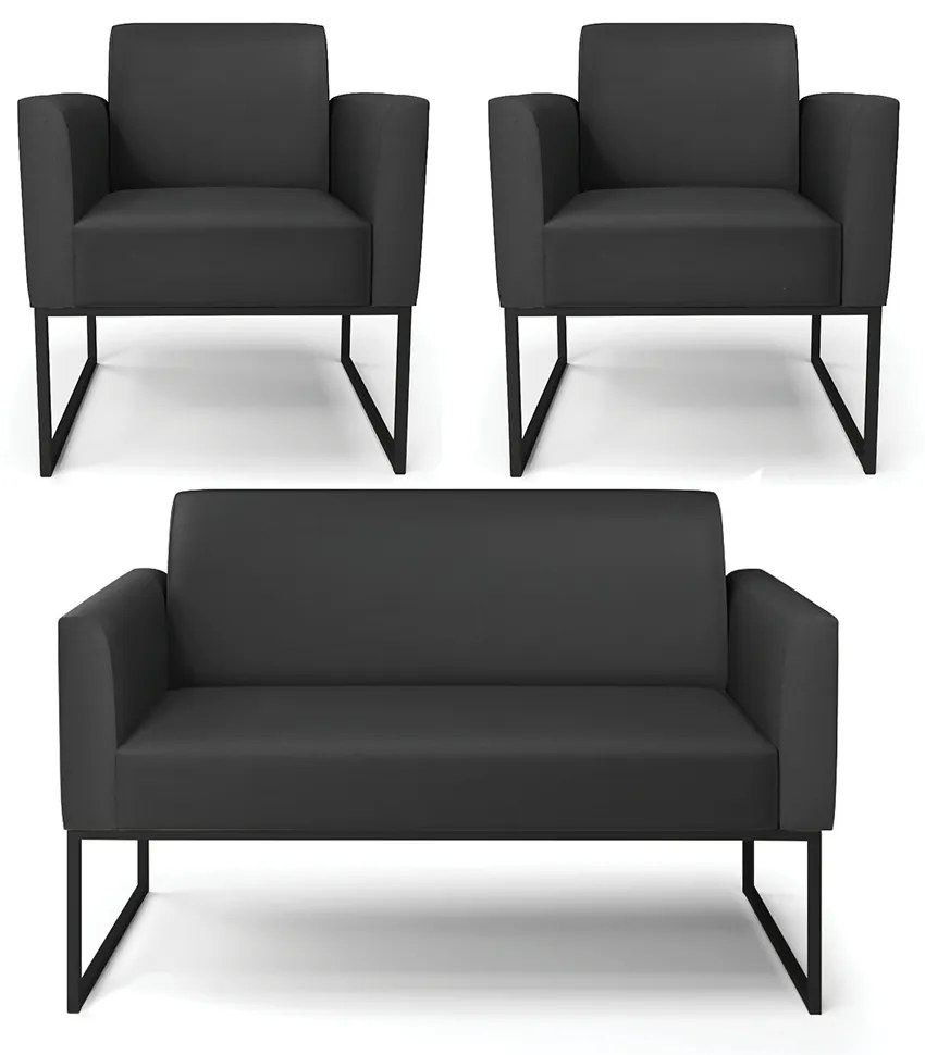 Sofá Namoradeira com 2 Poltronas Base Industrial Preto Marisa Corino D03 - D'Rossi - Preto