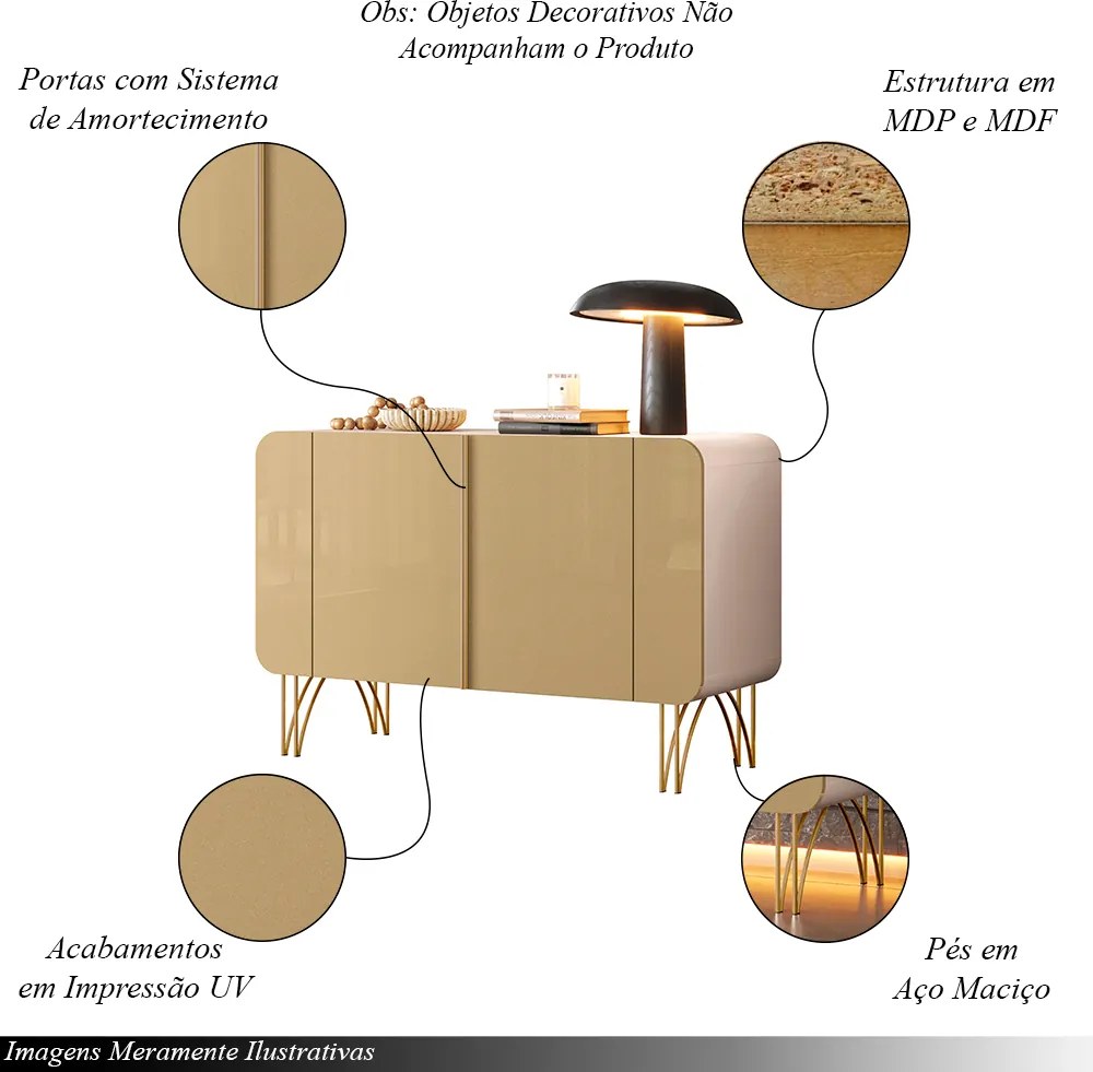 Buffet Decorativo Bambino MDP/MDF Sala de Estar Pés em Aço Off White/Champagne G26 - Gran Belo