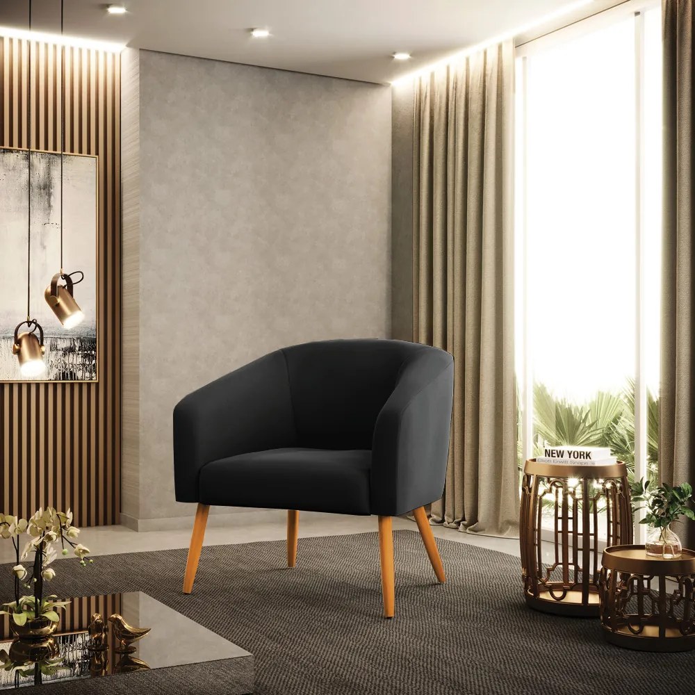 Poltrona Decorativa Pé Palito Castanho kit 2 Stella Veludo Preto D03 - D'Rossi