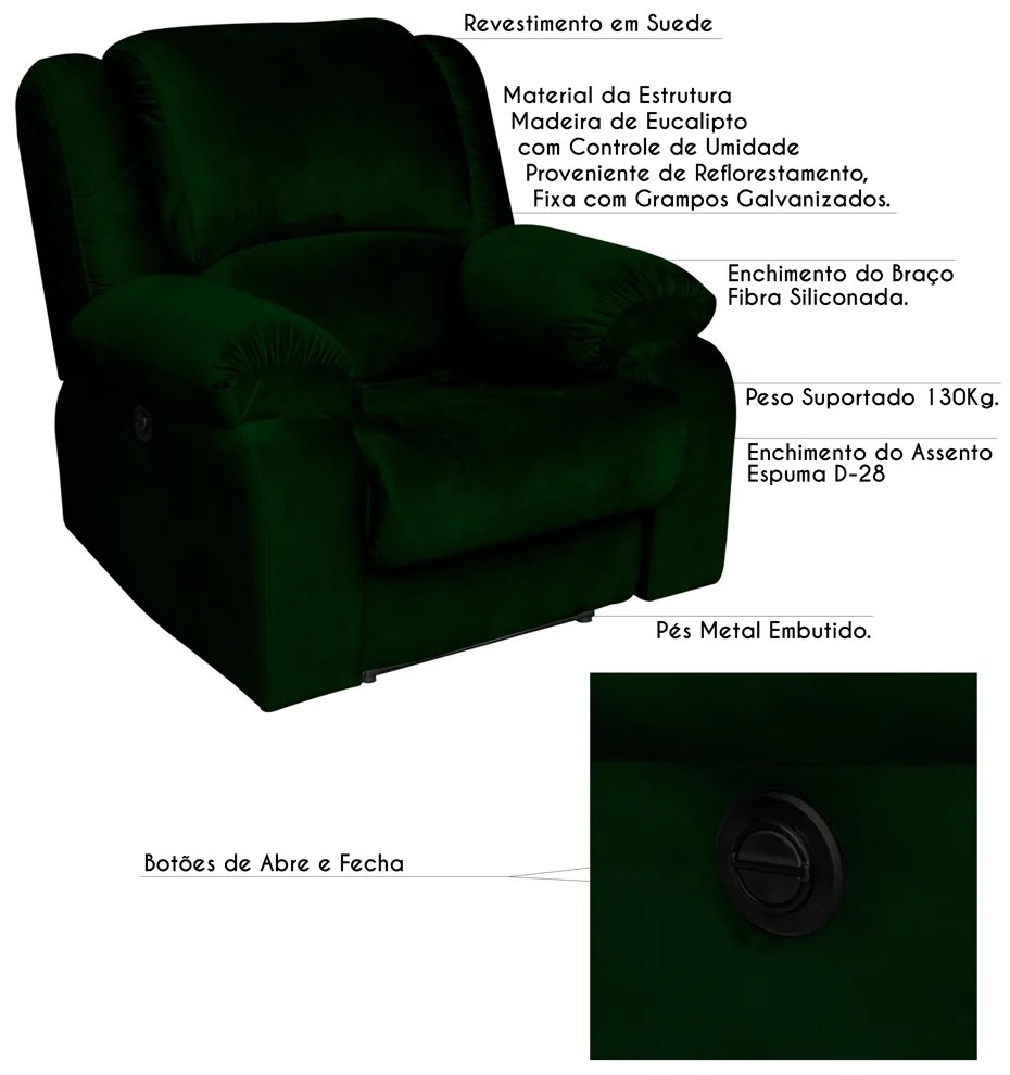 Poltrona do Papai Reclinável Elétrica Magnum Veludo Verde G23 - Gran Belo