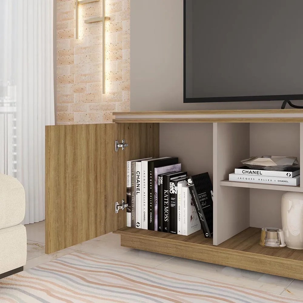 Rack TV 75 Pol 180cm Bancada Ripado com Rodízio Noan Bege Amarelado/Cinza C01 - D'Rossi