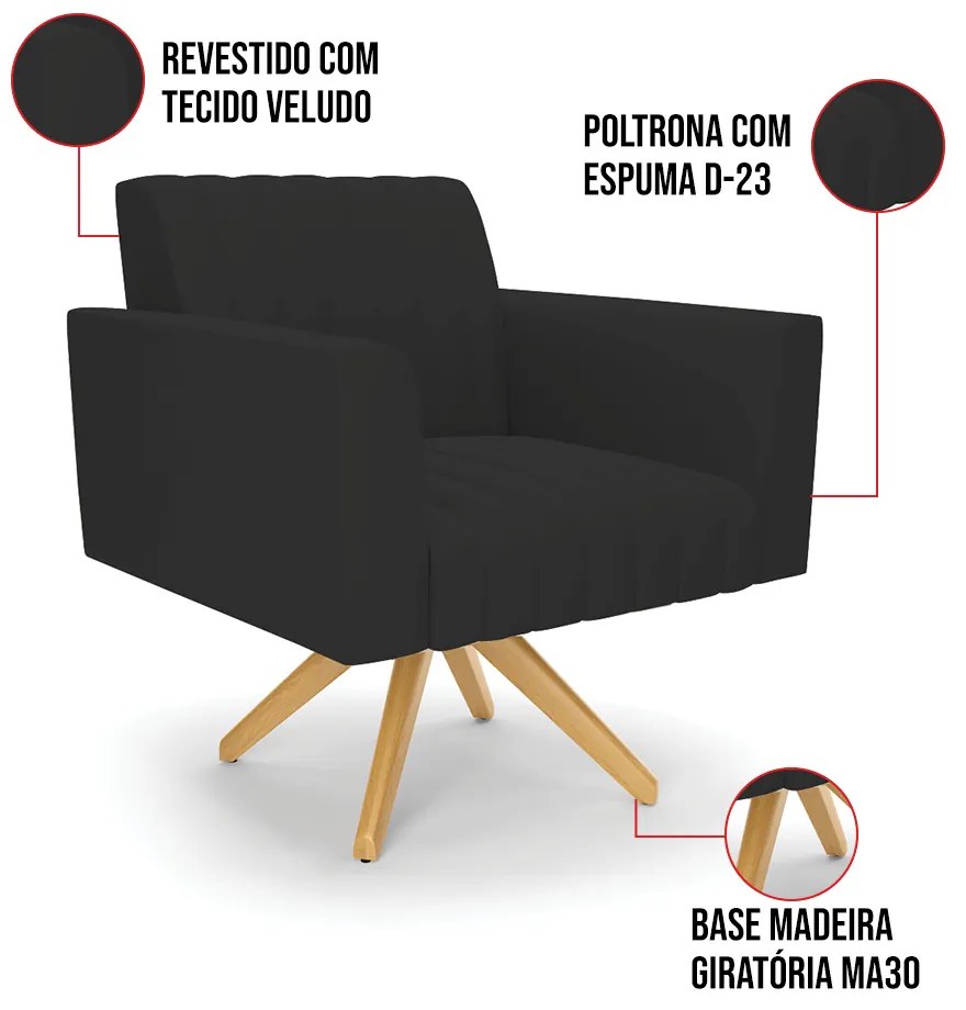 Poltrona Giratória Viena Gomada Veludo Base de Madeira MA30 D03 - D'Rossi - Preto