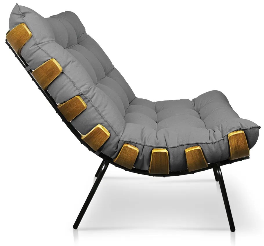 Kit 01 Poltrona e 01 Puff Costela Linho Base de Metal M11 - D'Rossi - A19 Grosso Bege