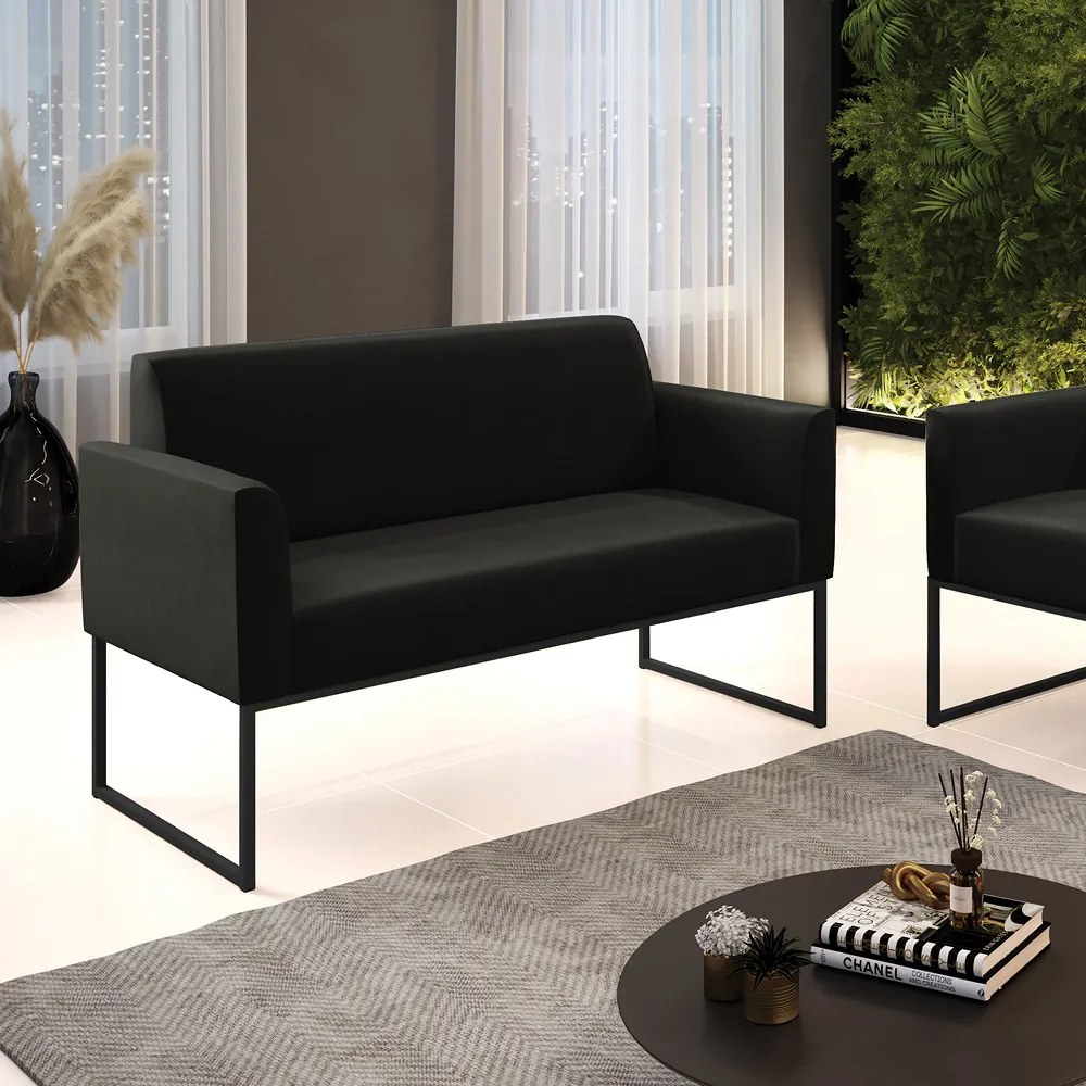 Sofá Namoradeira Base Industrial Preto Marisa Suede Preto D03 - D'Rossi