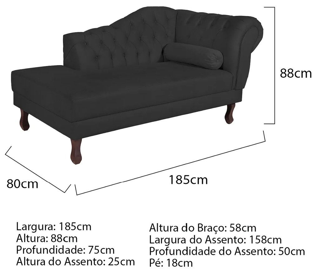 Recamier Diana 185cm Lado Esquerdo Corano Preto - ADJ Decor