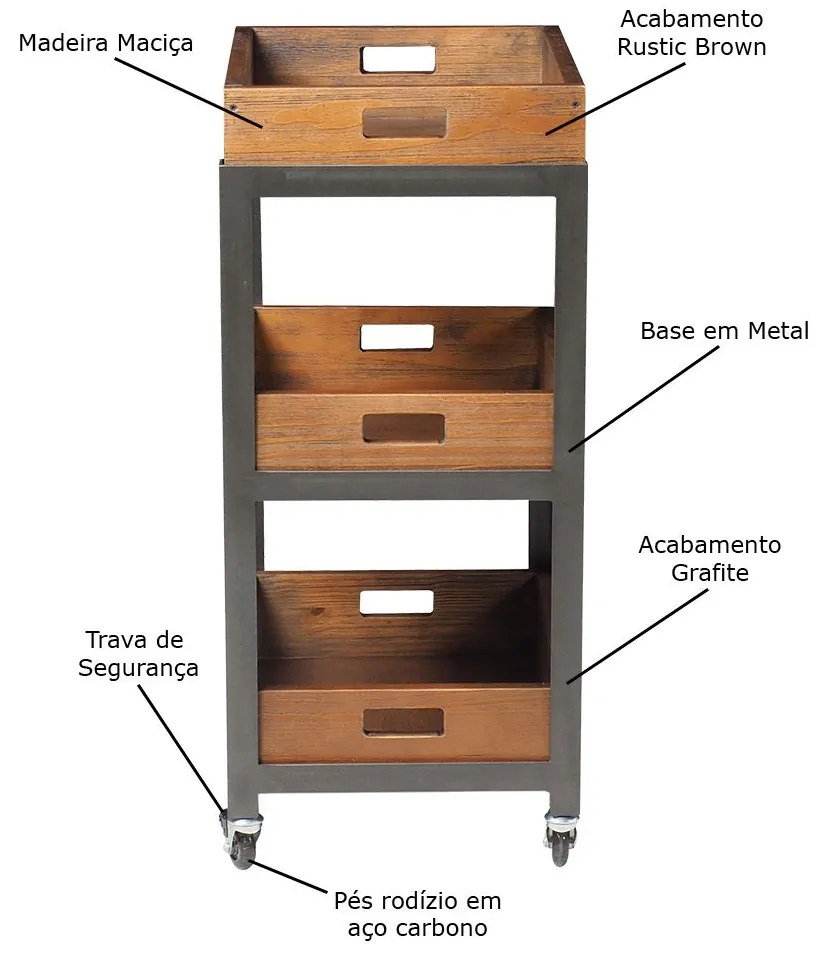 Fruteira Para Cozinha Multiuso com Rodízio Morélia Grafite Madeira Maciça Rustic Brown G54 - Gran Belo
