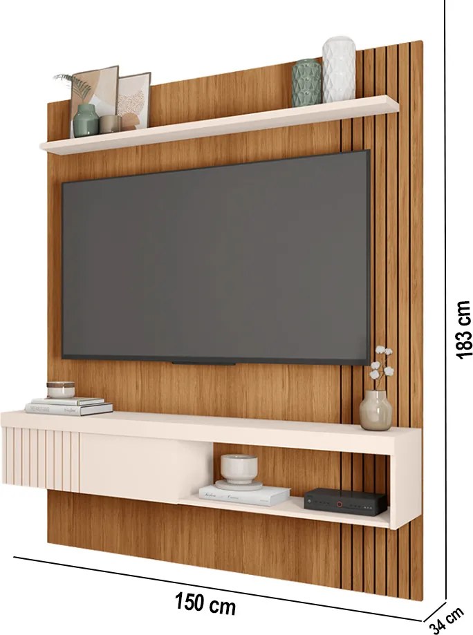 Painel TV 55 Pol 150cm Bancada Suspensa Ripado Luana Freijó/Off White C01 - D'Rossi