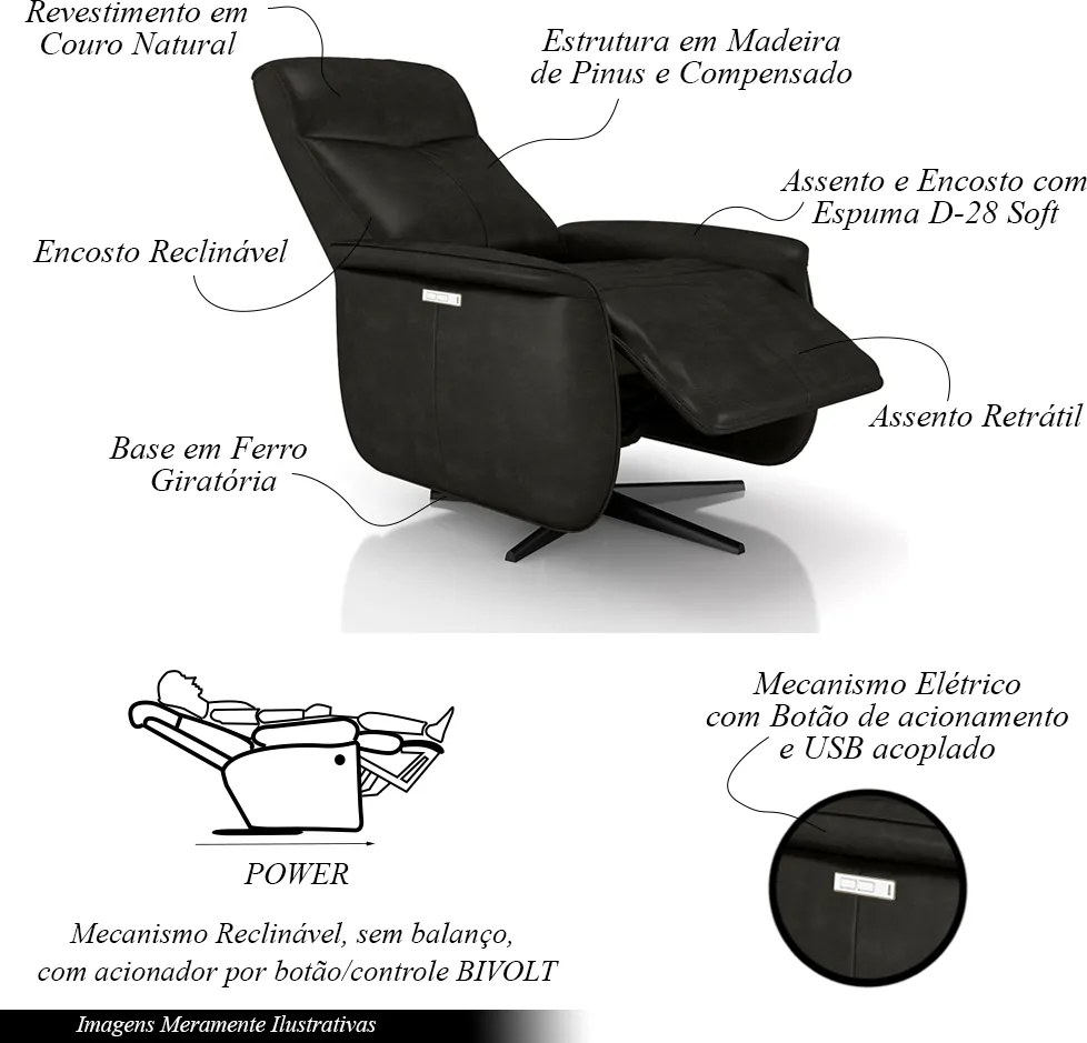 Poltrona do Papai Reclinável Power Elétrica Anakin Base Estrela Giratória USB Couro Preto Brilho G76 - Gran Belo