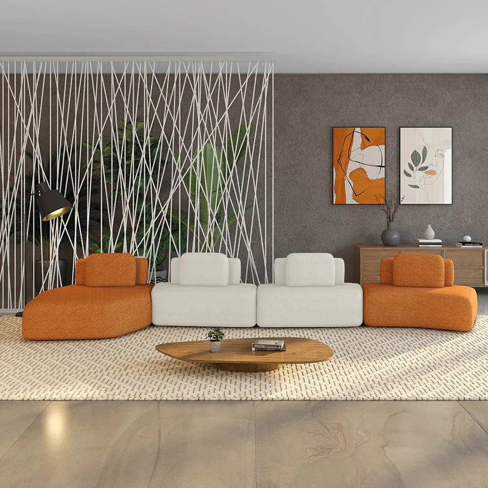 Sofá 4 Lugares Orgânico com Chaise e 3 Módulos Berlim Bouclê Cr K01 - D'Rossi - Caramelo/Off White