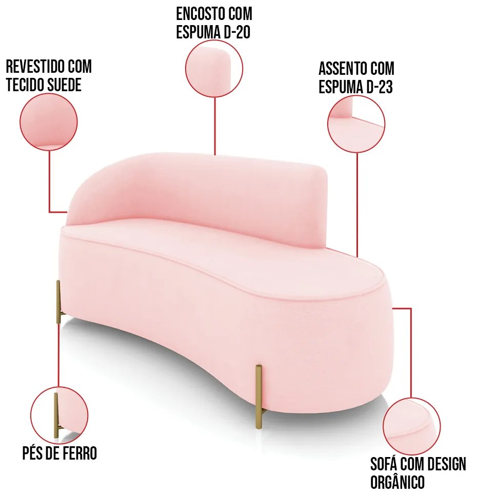 Sofá 3 Lugares Orgânico 180cm Pé Dourado Morgan Suede D03 - D'Rossi - Rosa Bebê