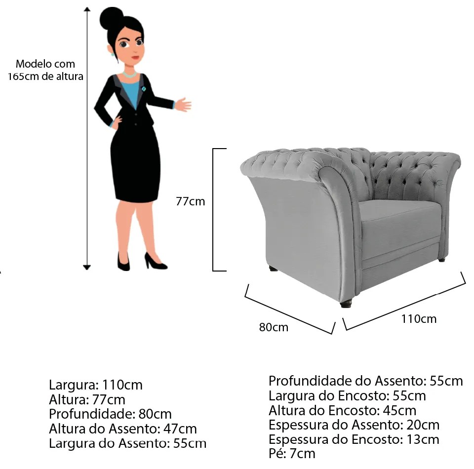 Poltrona Decorativa Chesterfield Sofia Corano Cinza - ADJ Decor