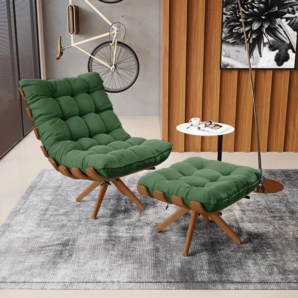 Puff Giratório Costela Suede Base de Madeira MA30 M11 - D'Rossi - Verde