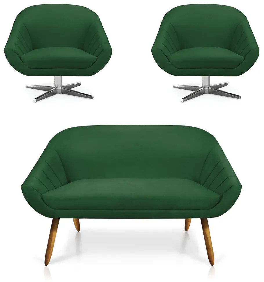 Kit 01 Namoradeira 02 Lugares e 02 Poltronas Giratória Giovana Suede Base Cromada - D'Rossi - Verde
