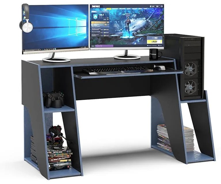 Mesa Gamer Escrivaninha Kyoto Com 3 Nichos - Preto Azul