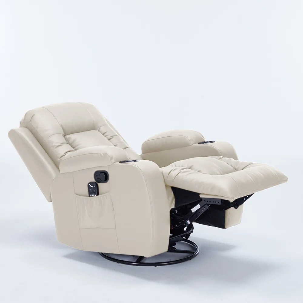 Poltrona do Papai Sala de Estar Giratória Reclinável Manual Austin Aquecimento Massagem PU Bege G94 - Gran Belo