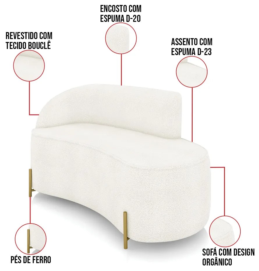 Sofá 2 Lugares Orgânico 140cm Pé Aço Lateral Dourado Morgan Bouclê D03 - D'Rossi  - Off White