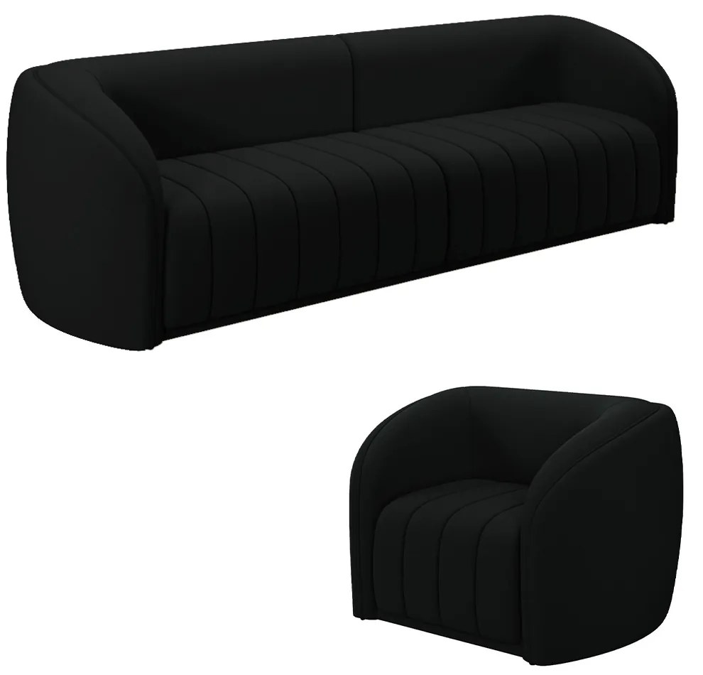 Conjunto Sala de Estar Sofá 252cm 3 Lugares e Poltrona Adam Veludo Preto G45 - Gran Belo
