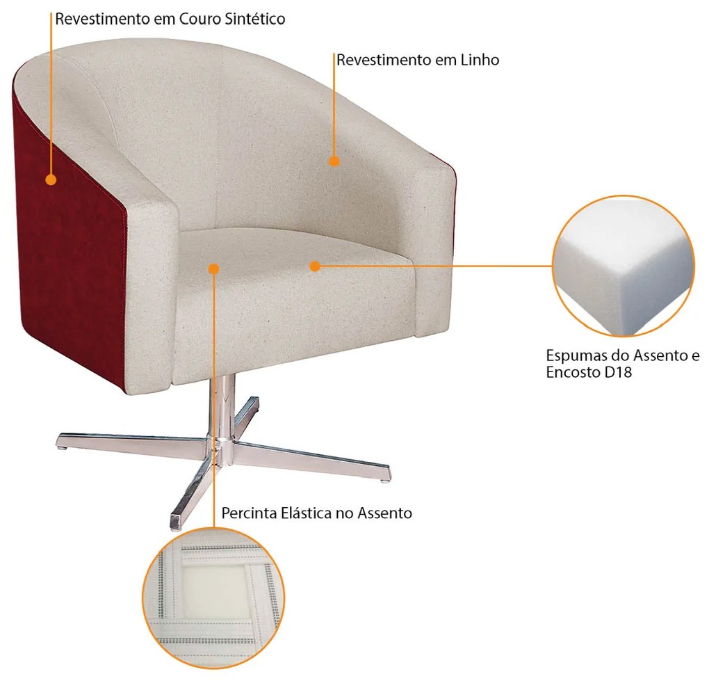 Kit 02 Poltronas Luiza Base Giratória de Metal Factor Vermelho e Linho - ADJ Decor