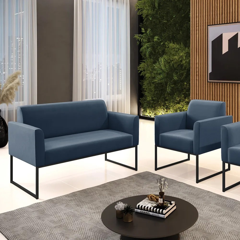 Sofá Namoradeira com Poltrona Base Industrial Preto Marisa Suede Azul Marinho D03 - D'Rossi