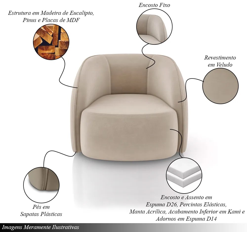 Poltrona Decorativa Sala de Estar Clarke Veludo Bege G45 - Gran Belo