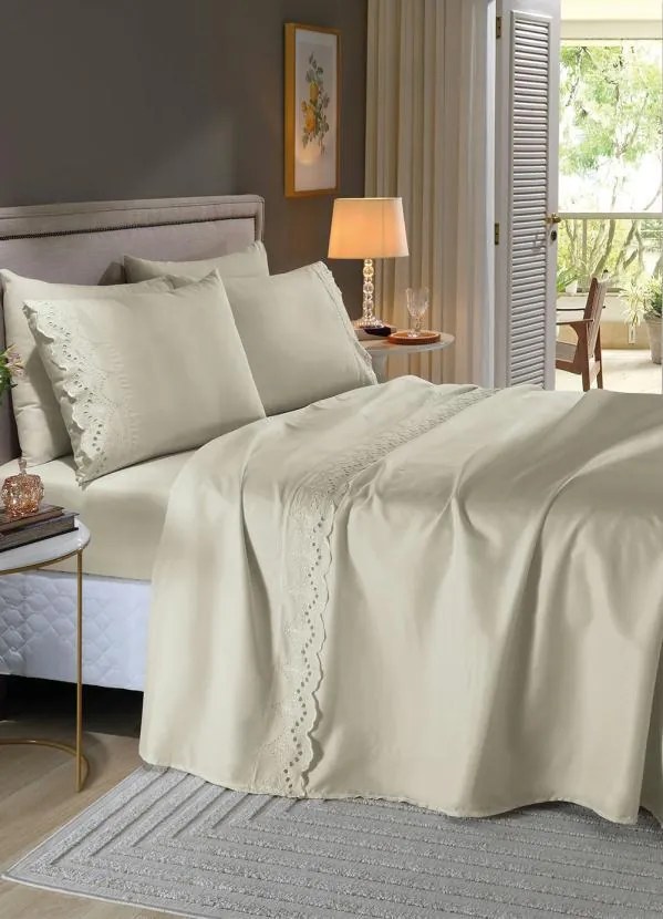 Jogo de Cama 200 Fios Off White Queen 4 Peças