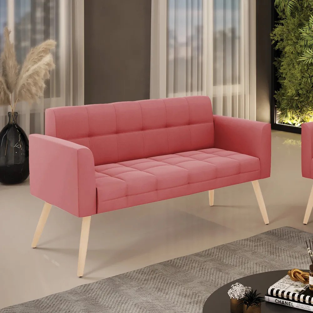 Sofá Namoradeira Elisa Suede Rosê Pés Palito Natural - D'Rossi