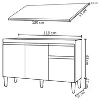Balcão Gabinete Para Pia Com Tampo 120cm 3 Portas e 1 Gaveta Tatiane B