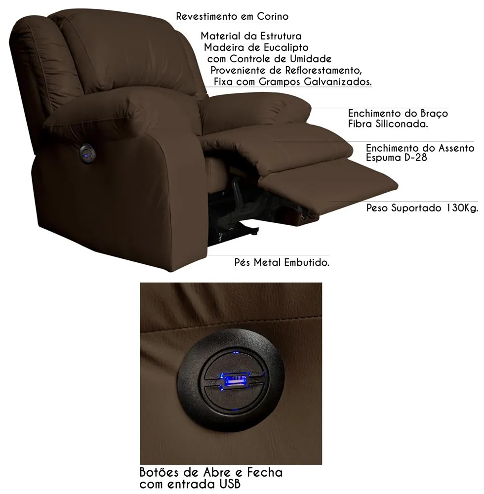 Poltrona do Papai Reclinável Elétrica com Entrada USB Magnum PU Sintético Marrom Fosco G23 - Gran Belo