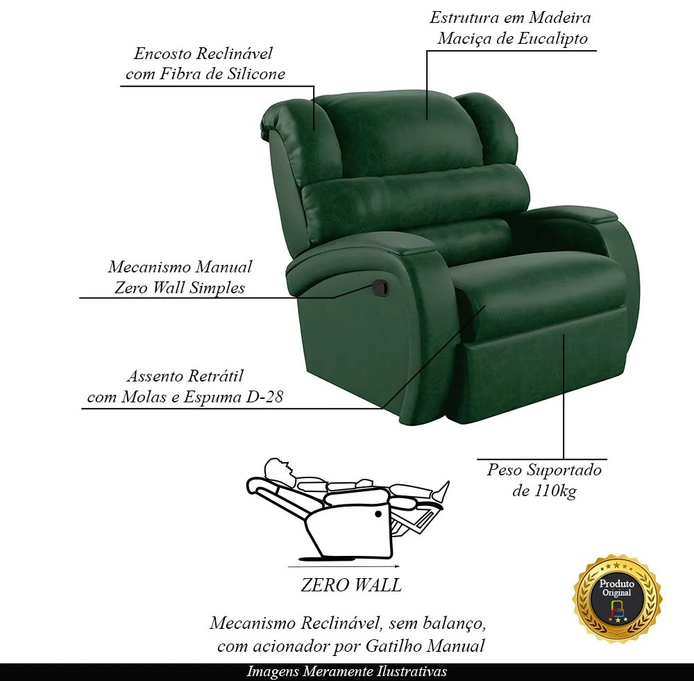 Poltrona do Papai Sala de Cinema Reclinável Kylie Manual PU Verde Musgo G23